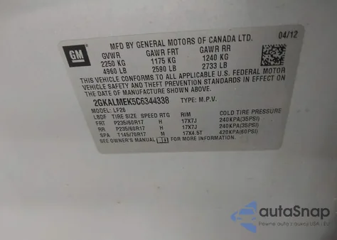 2012 GMC Terrain Sle-1 from USA, damaged, VIN 2GKALMEK5C6344338